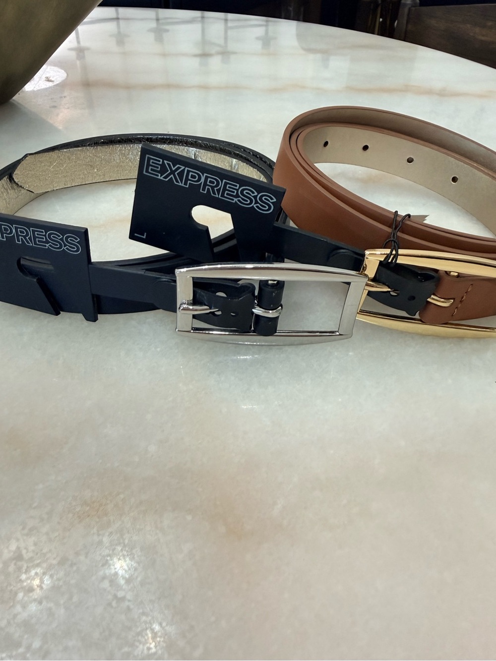 Express Men's Black and Brown Leather Belts with Silver and Gold Buckles